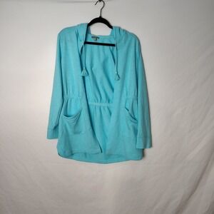 T by Talbots Women's Blue Hooded Cardigan Drawstring Pockets Tassels Lightweight